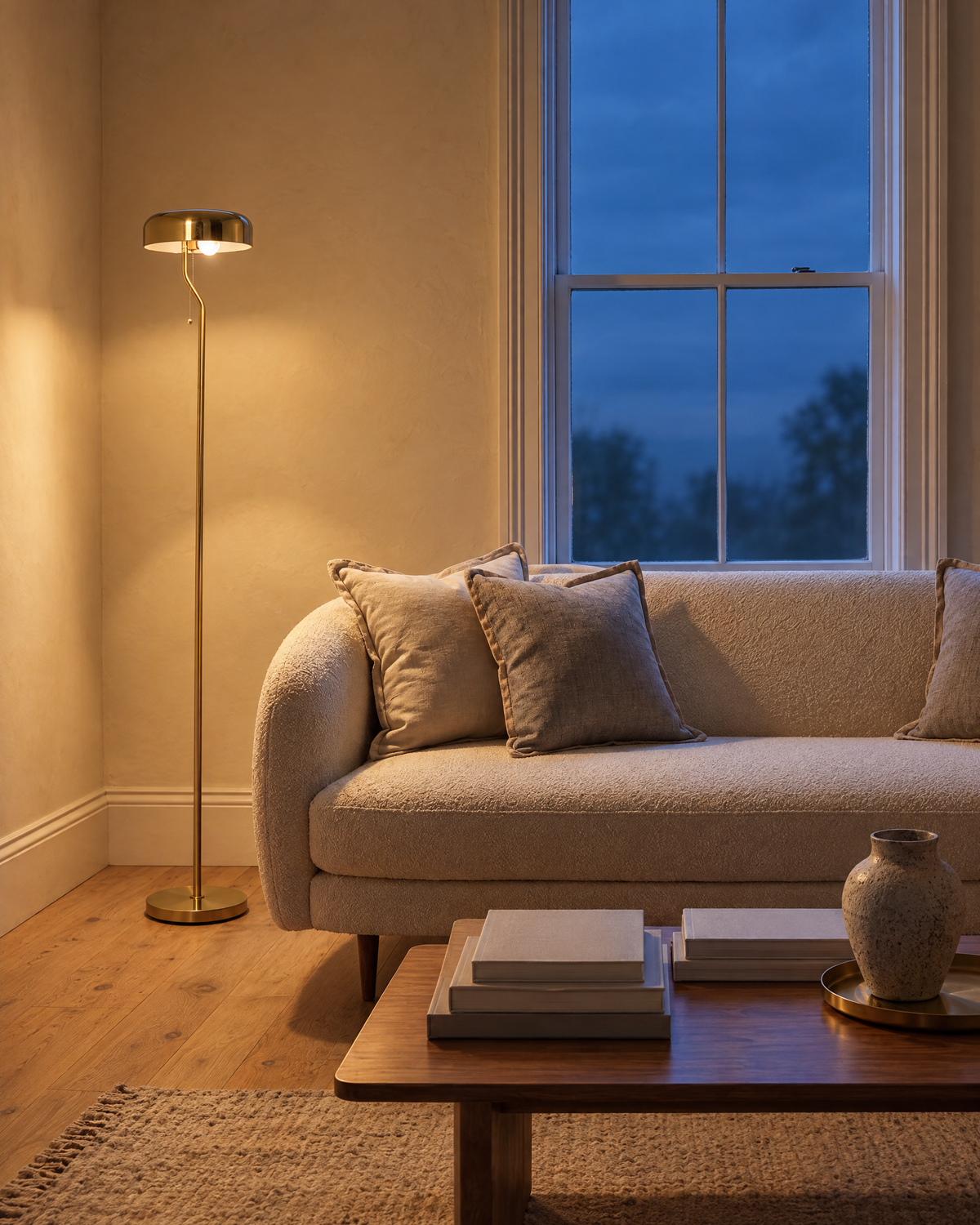 Living room at blue hour lit by one brass floor lamp, Birch & Brass