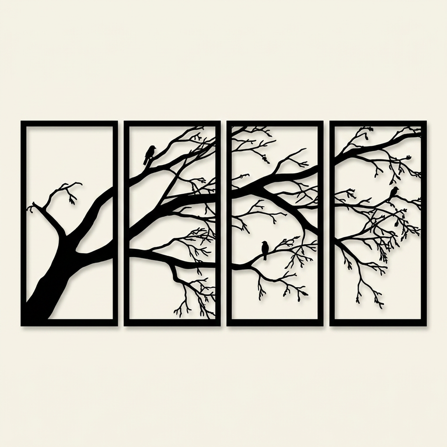 Metal Tree of Life Wall Art Sculpture, Wrought Iron Decor, Black, for Living Room — Set of 4