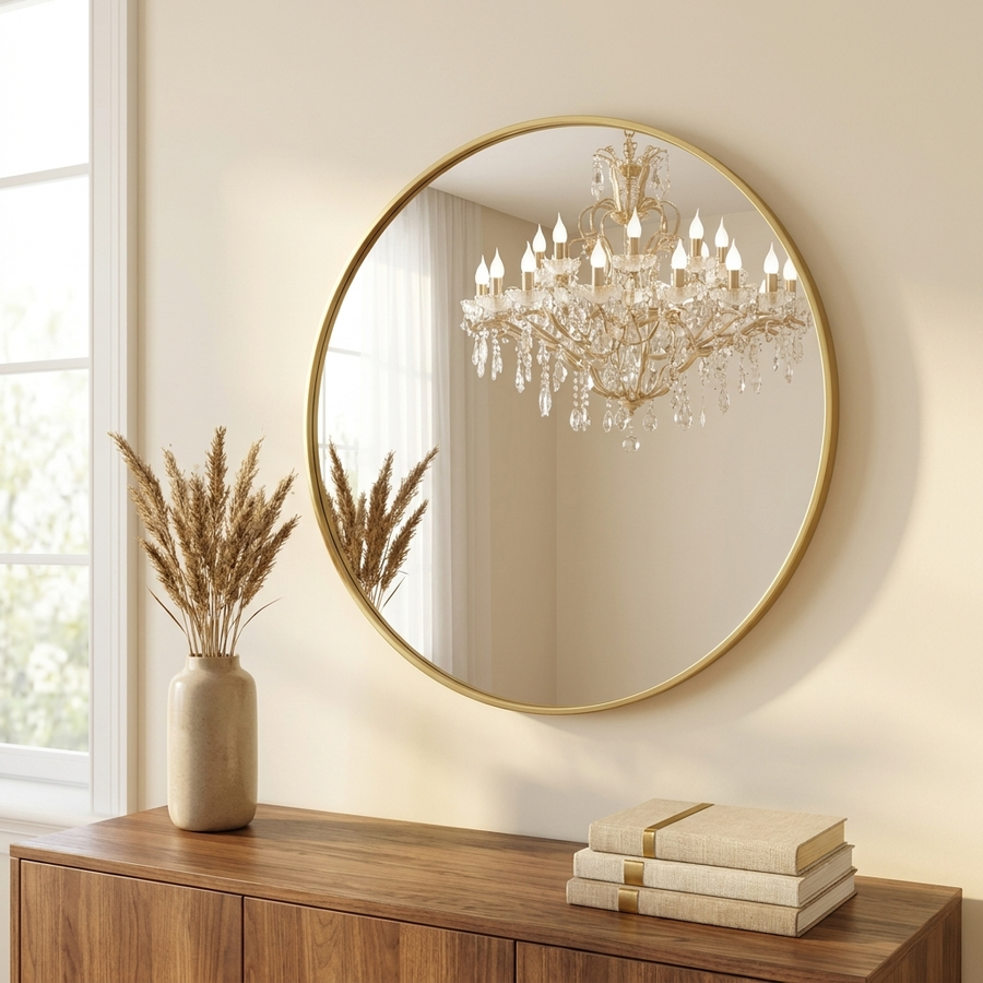 Round Wall Mirror, Slim Metal Frame, Black or Gold, 20 to 28 in. for Bathroom Vanity styled in a room