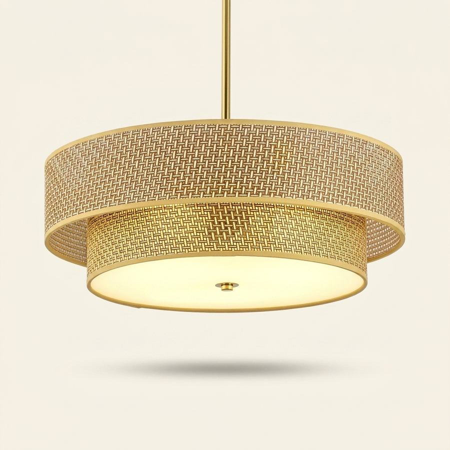 Boho Woven Rattan and Linen Drum Shade Semi-Flush Ceiling Light, 17.7 in.