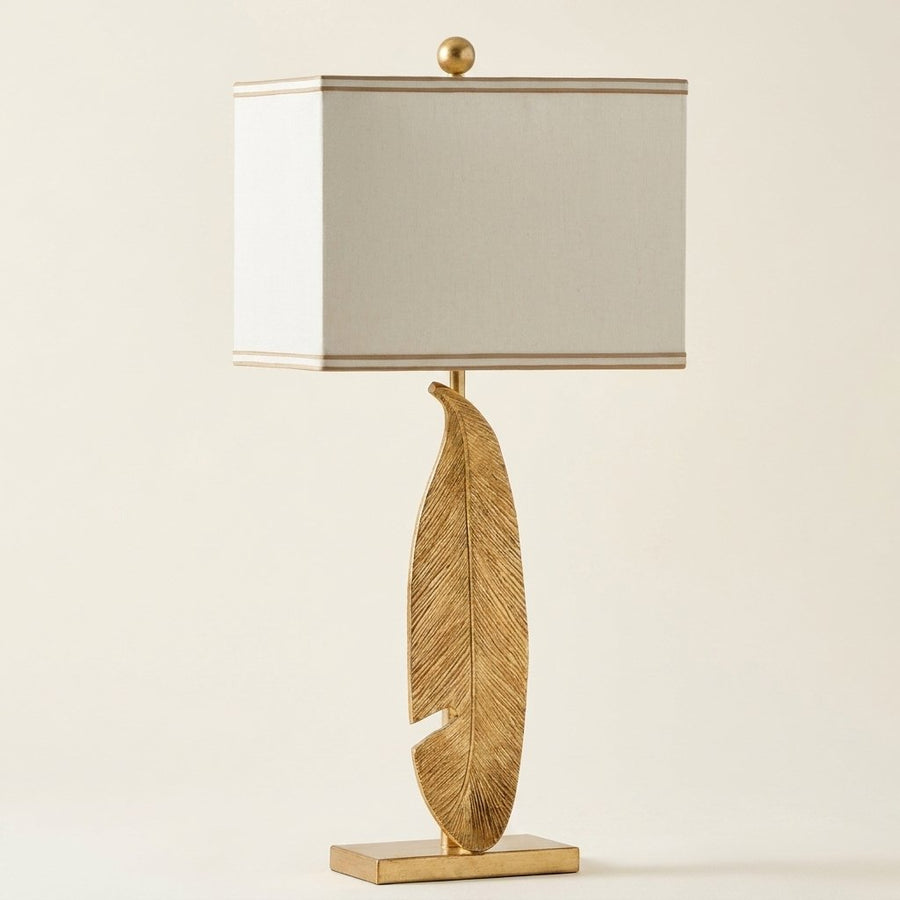 Gold Feather Table Lamp, Cream Rectangular Shade on a warm cream background