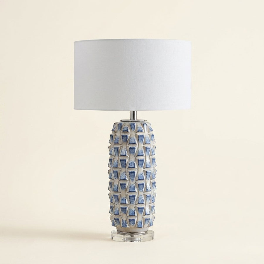 Ceramic Pineapple Table Lamp, Blue and White, Dimmable on a warm cream background