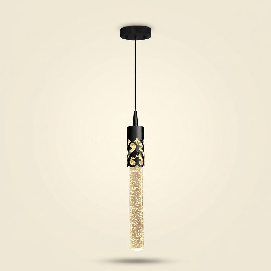 Crystal Cylinder Pendant Light, Bubble Texture, Adjustable Drop on a warm cream background