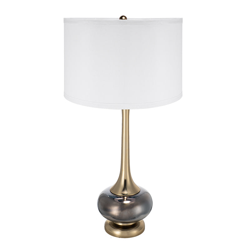 Smoked glass gourd table lamp with gold-tone neck and white drum shade on a plain white background
