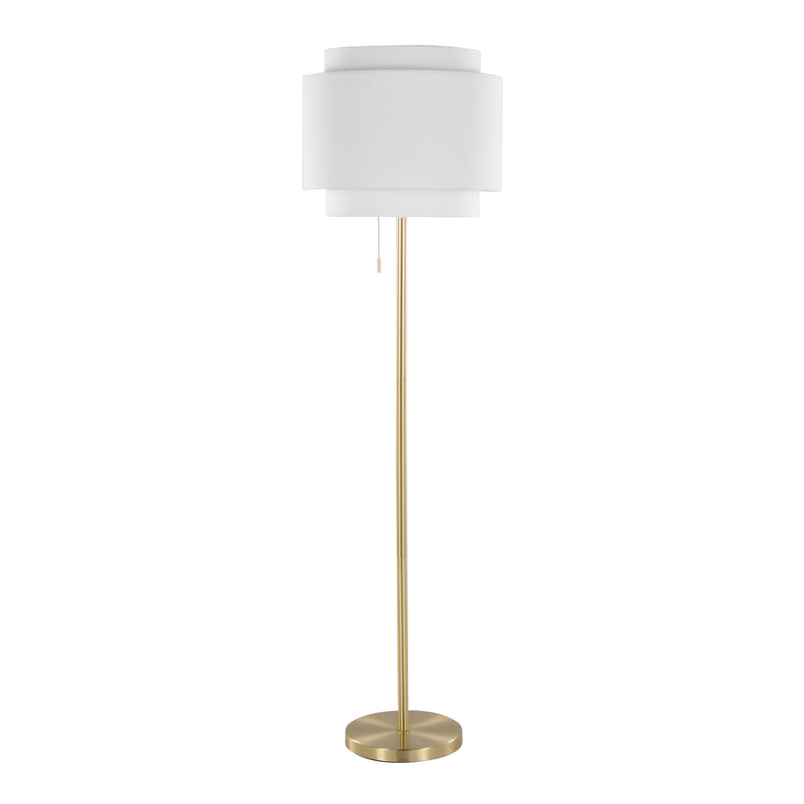Tiered linen shade floor lamp with slim gold stem and round base on a plain white background