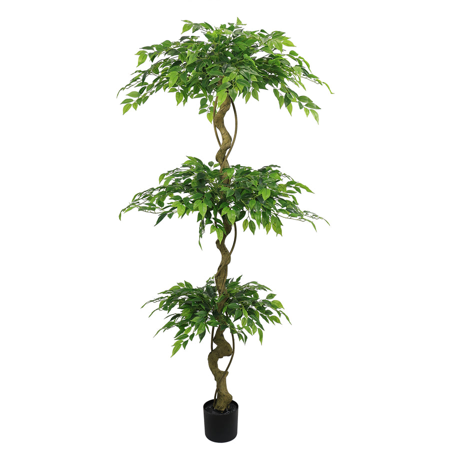 Twisted trunk faux ficus tree with three leaf tiers in a black planter on a plain white background