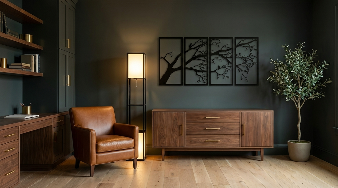 Four-panel iron wall art centered above a walnut credenza