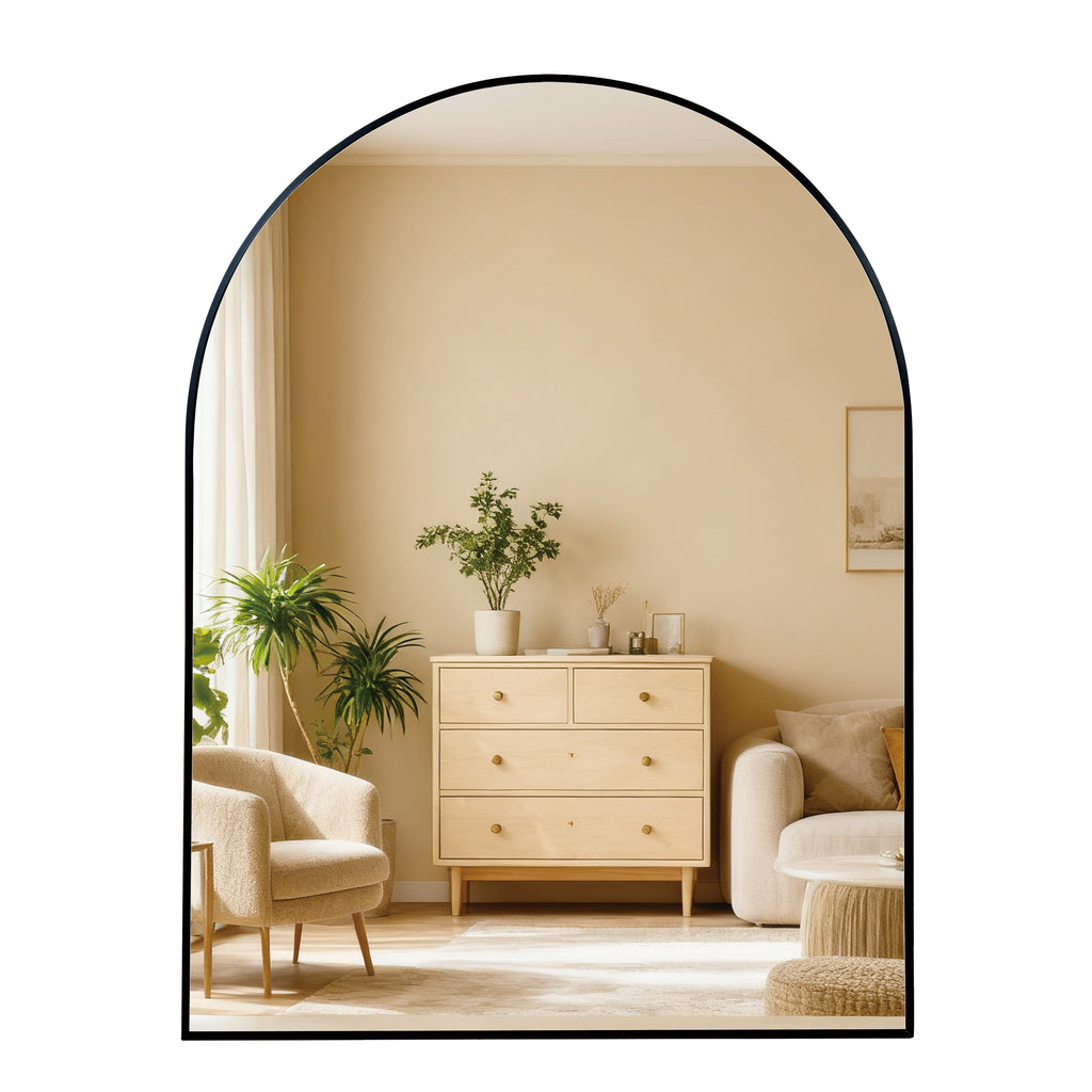30x36 Inch Black Metal Framed Arched Bathrrom Mirror For Wall.