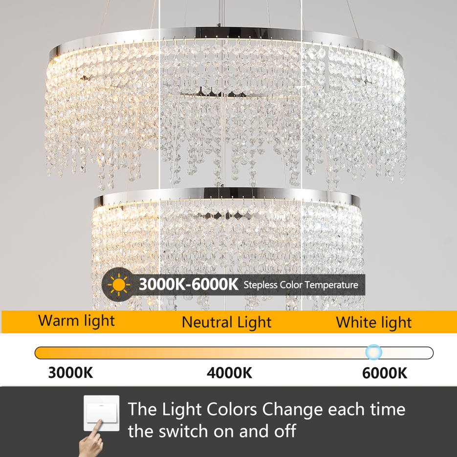 24 In. Round Crystal LED Chandelier, Chrome, Adjustable Color Temp