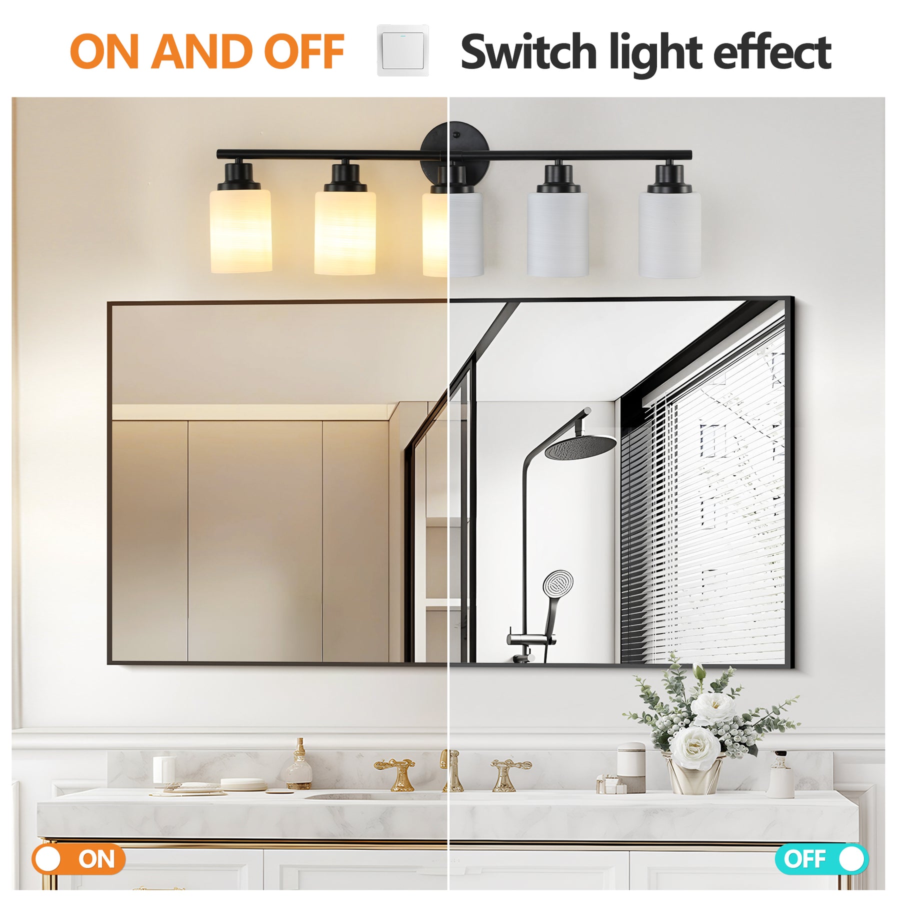 Modern 5-Light Vanity Light Bar, Frosted Glass Shades, Black Iron, 31 in. for Bathroom Mirror — detail view