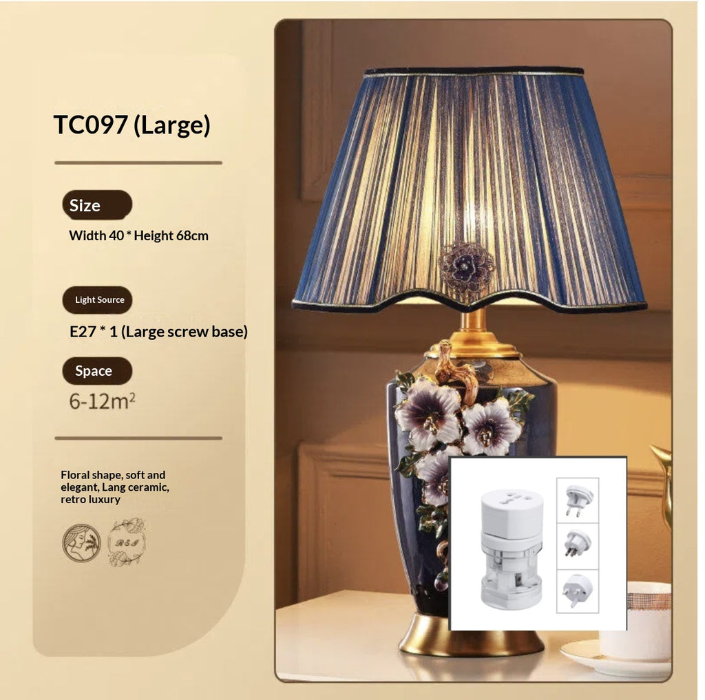 Enamel Ceramic Table Lamp, Floral Relief, Pleated Shade
