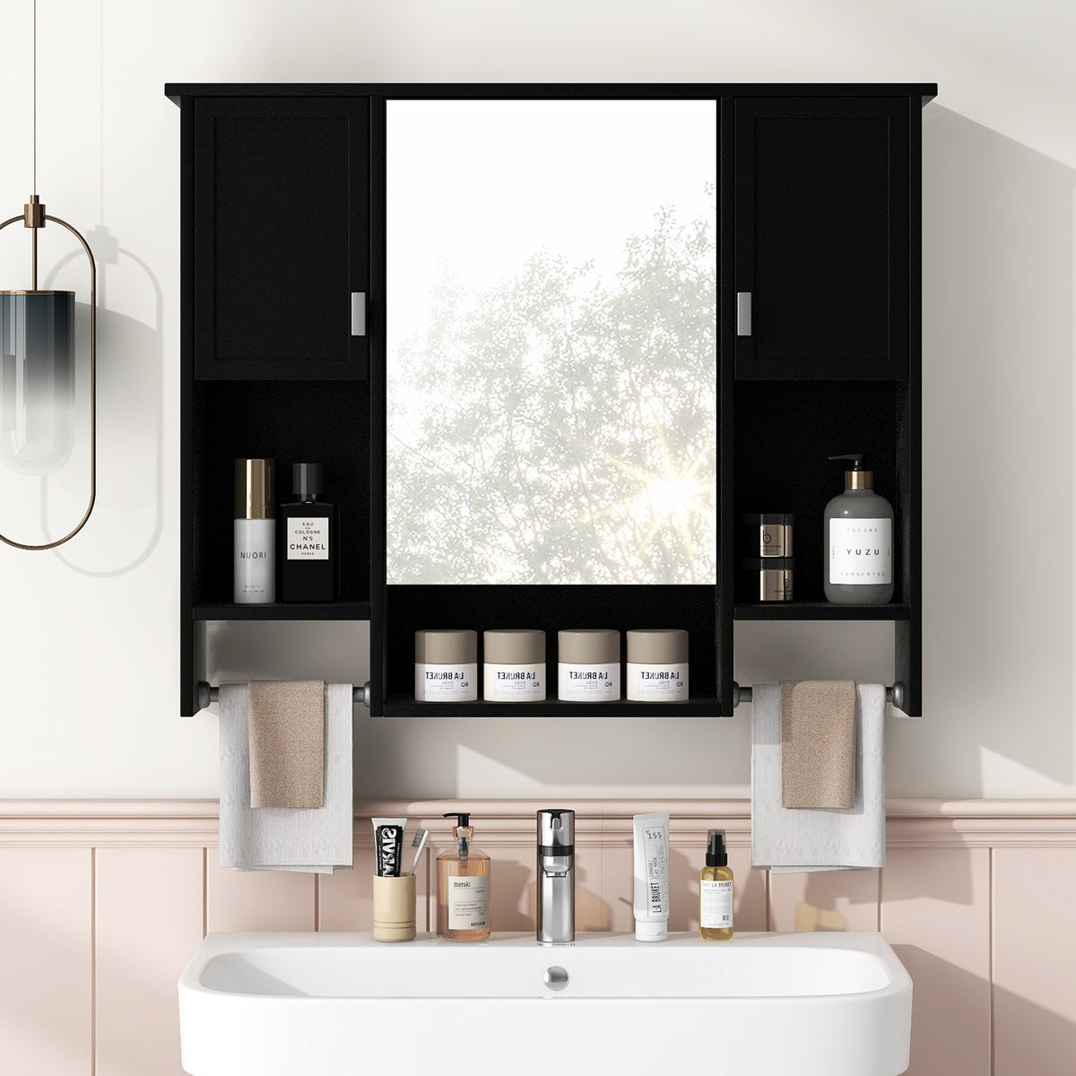 Modern Wall-Mounted Bathroom Medicine Cabinet with Mirror, Black Storage Cabinet, 35 x 28 in. — detail view