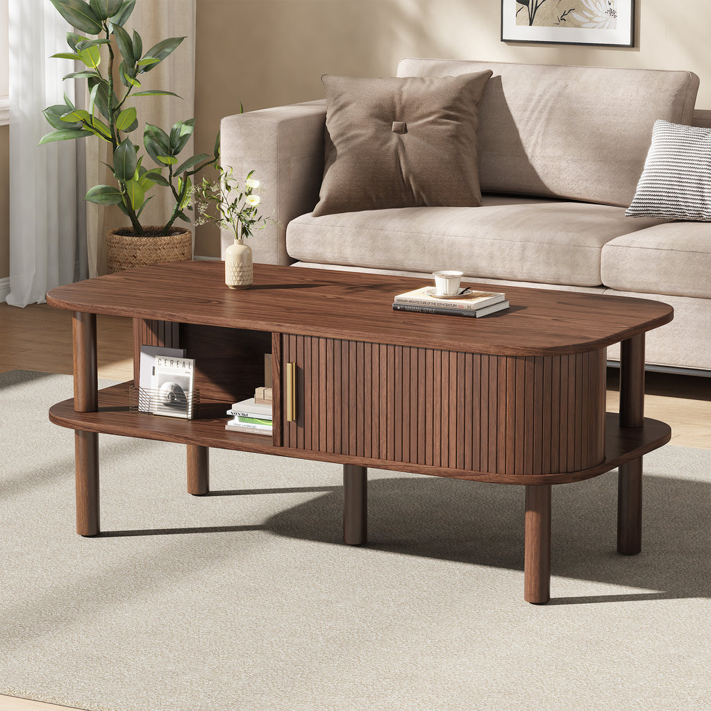 Scandinavian Coffee Table with Roller Door, Walnut Finish