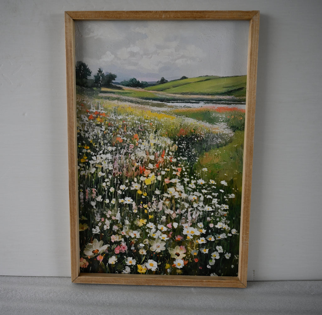 Vintage Framed Canvas Wall Art, Wildflower Meadow Landscape Print, Green and Ivory, for Dining Room — detail view 4