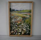 Vintage Framed Canvas Wall Art, Wildflower Meadow Landscape Print, Green and Ivory, for Dining Room — detail view 4