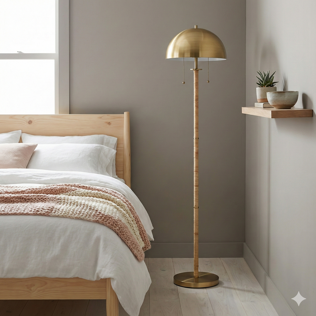 Brass 2-Light Floor Lamp, Natural Rattan Details, Double Pull Chain, Gold Finish