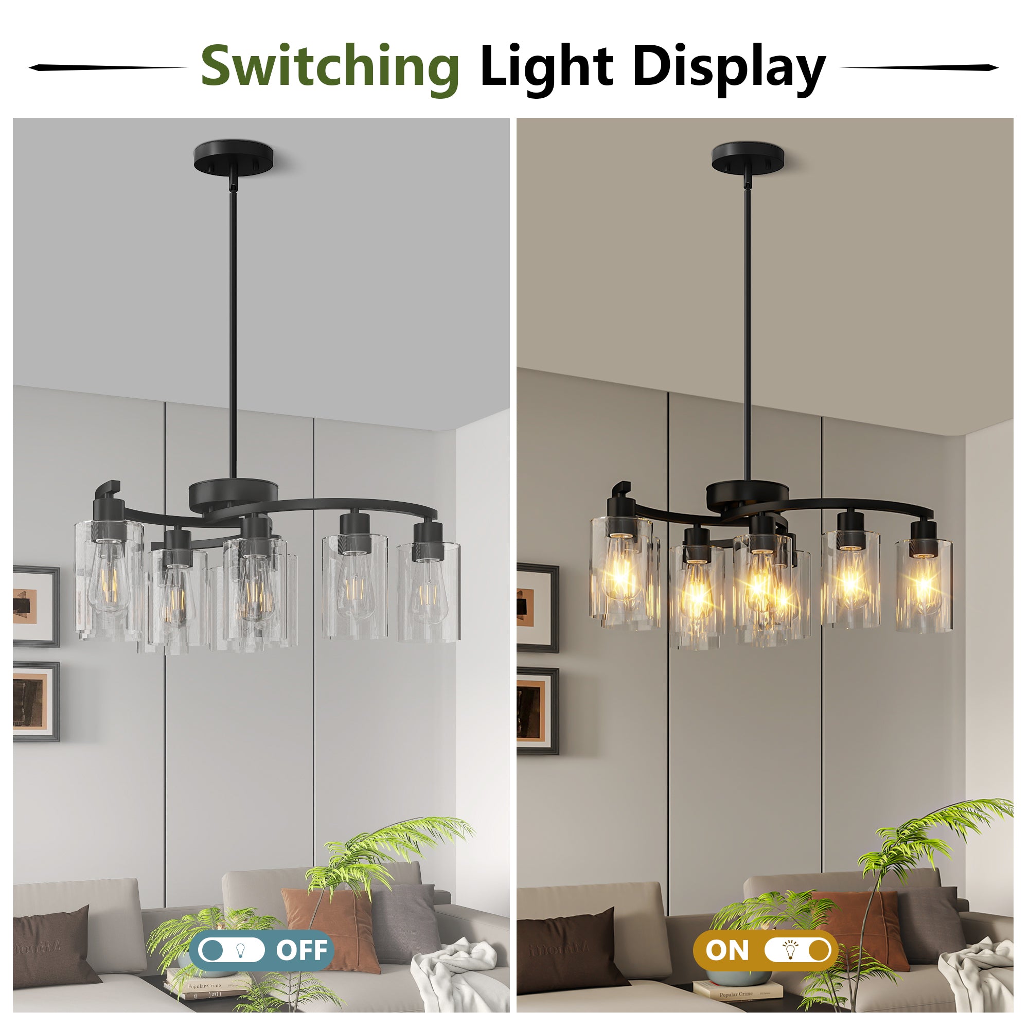 9-Light Black Iron Chandelier with Clear Glass Shades, 30 in