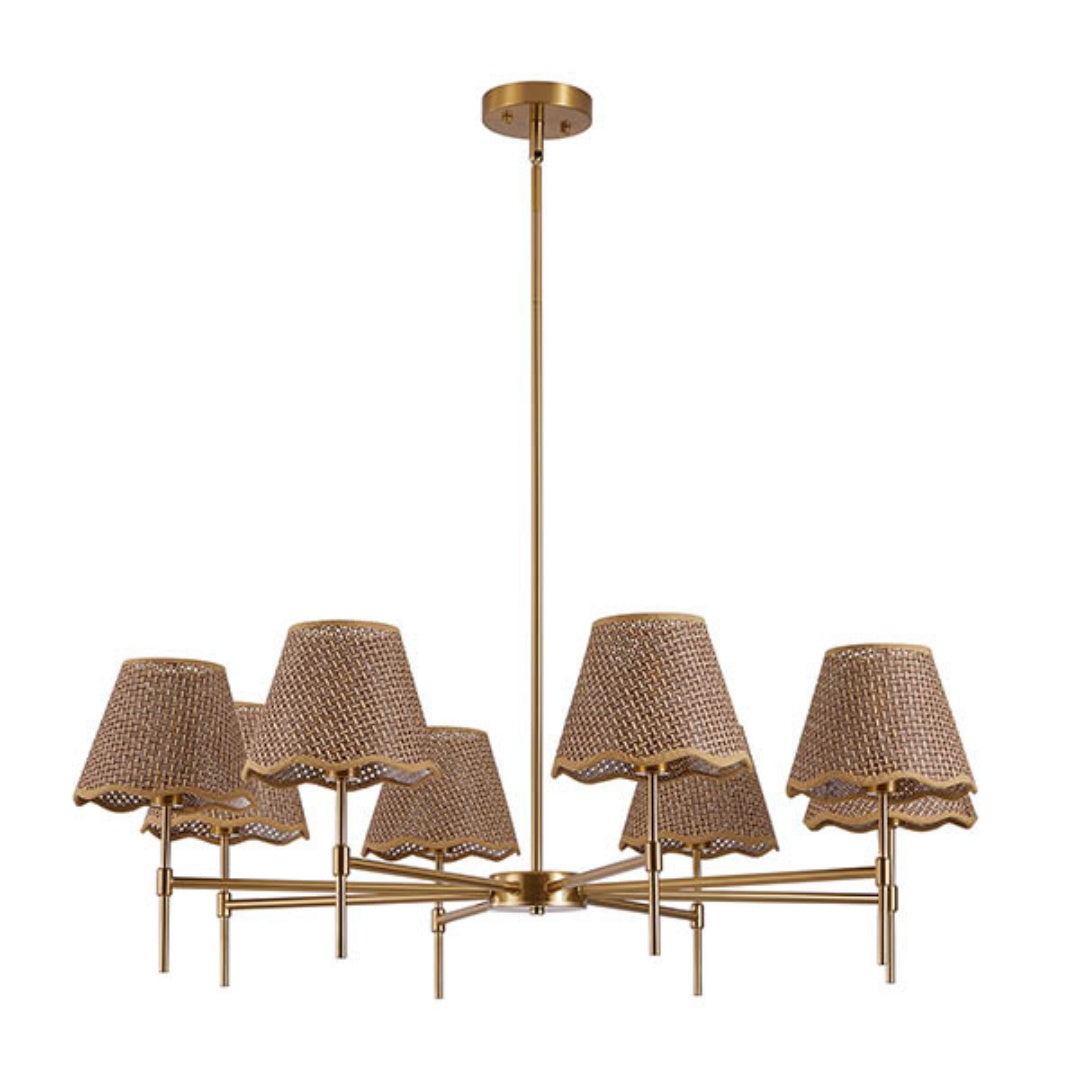 Bohemian Farmhouse Rattan Pendant Chandelier, 8-Light, Gold Finish, 38.6 in. — detail view