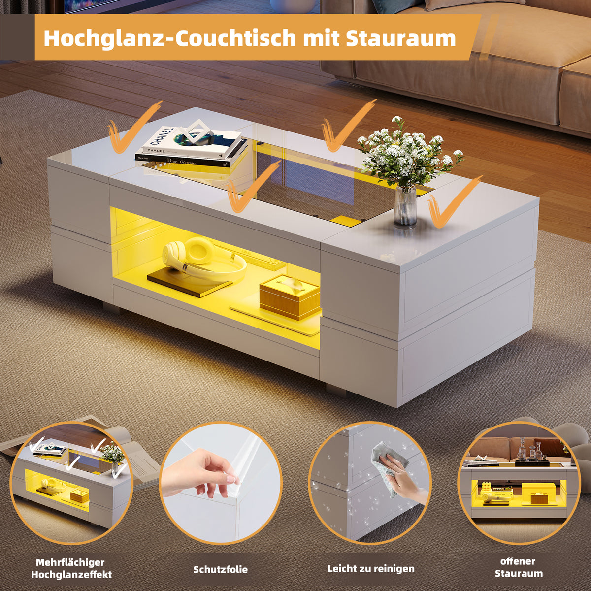 LED Smart Coffee Table with App Control, White