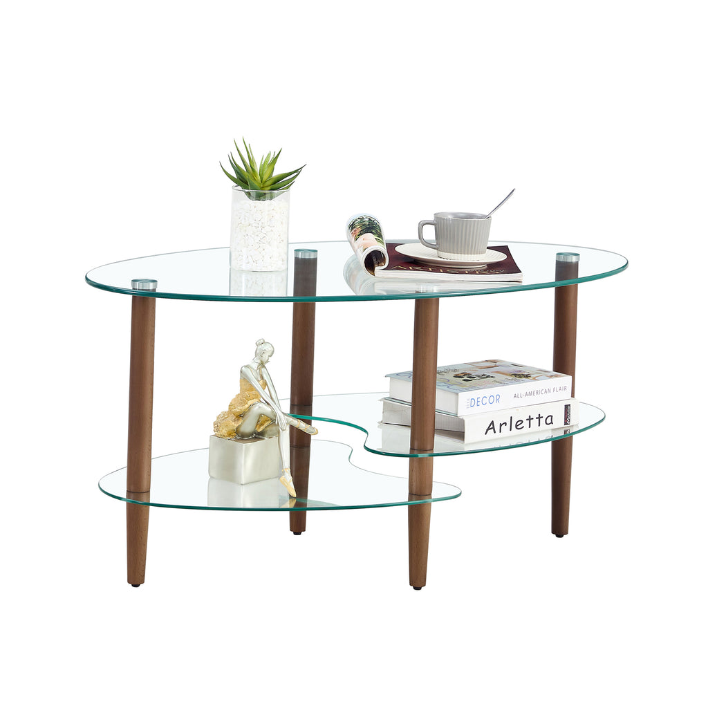 Three-Tier Oval Glass Coffee Table with Oak Legs