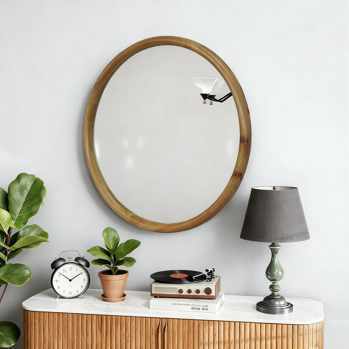 Mid-Century Round Wood-Framed Wall Mirror, Natural Wood Circle Vanity Mirror, 27.6 in. for Bathroom — detail view 3