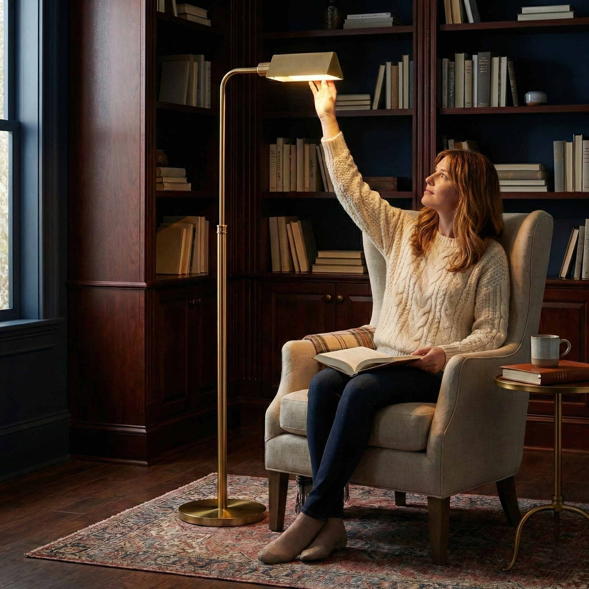 Minimalist Slim Floor Lamp, Contemporary Silhouette, Neutral Fabric Shade, Gold Finish