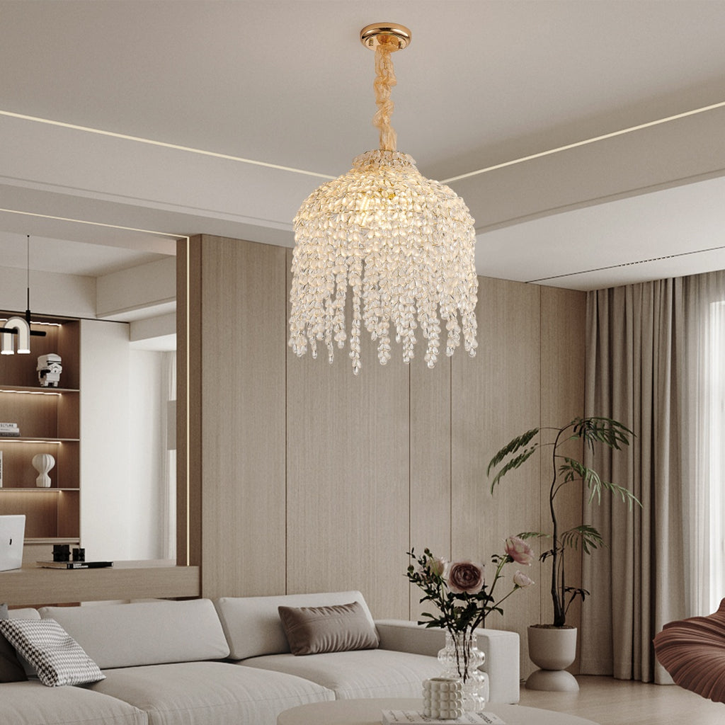 Crystal 5-Light Waterfall Chandelier, Cascading Bead Strings, Gold Finish, 16 in.