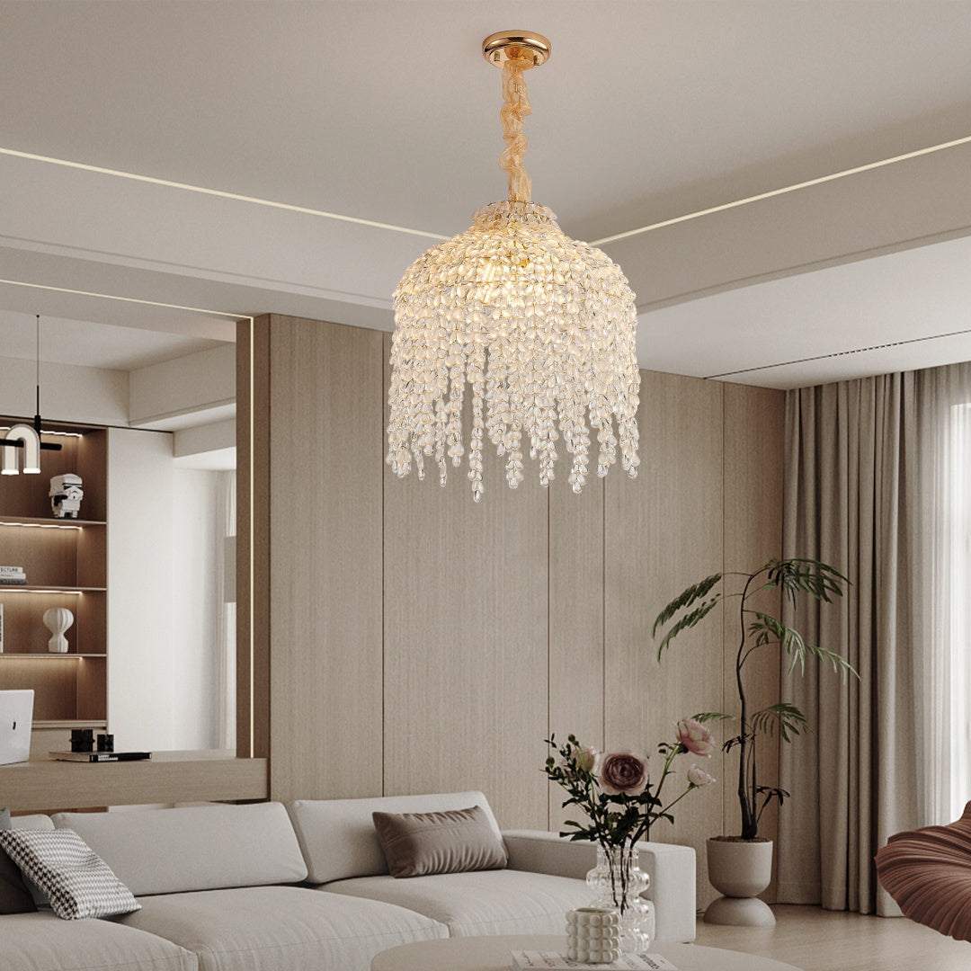 Crystal 5-Light Waterfall Chandelier, Cascading Bead Strings, Gold Finish, 16 in.