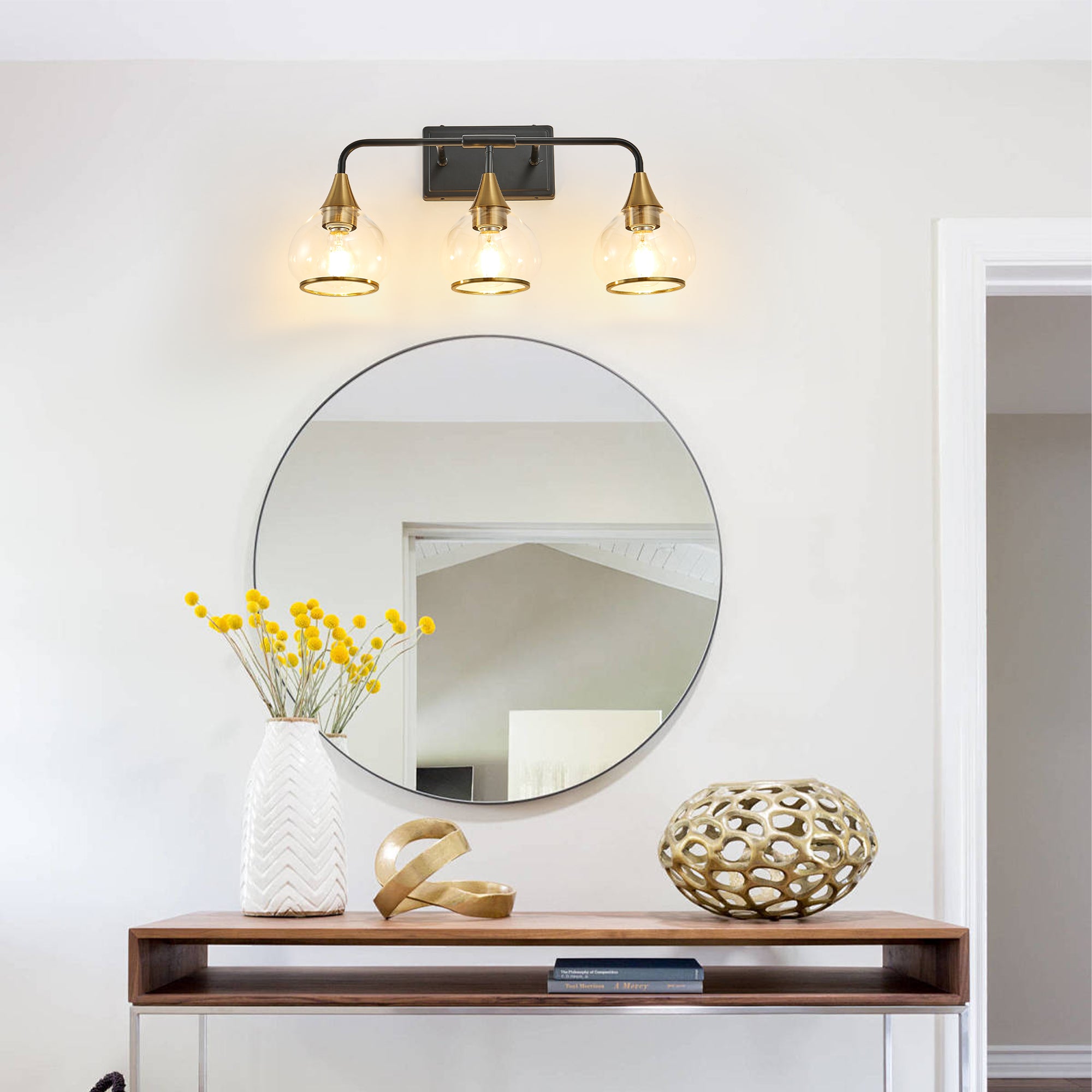 23 Modern 3-Light Vanity Wall Sconce - Black And Gold Bathroom Light F