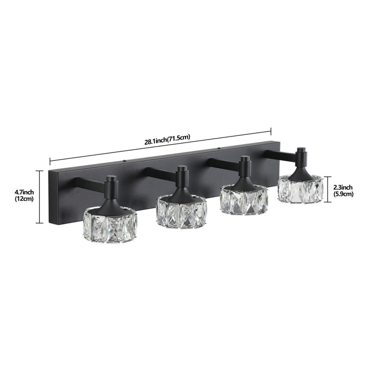 Dimension diagram for Crystal Glass Vanity Light, 4-Light Matte Black LED Bathroom Fixture