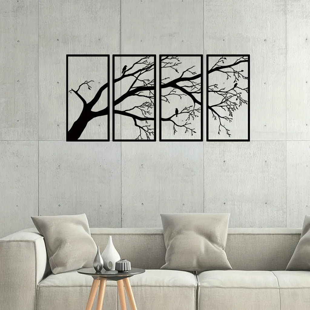 Luxury Metal Wall Art Decor Set Of 4 - Black Tree Of Life Sculpture