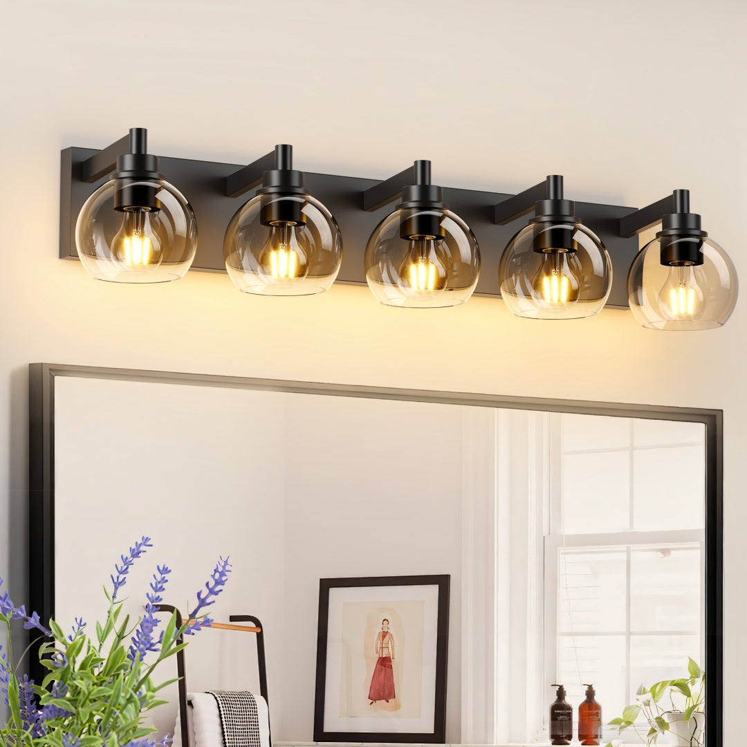 5-Light Bathroom Vanity Light, Clear Glass Globe Shades over Mirror, Matte Black, for Bathroom — detail view 3