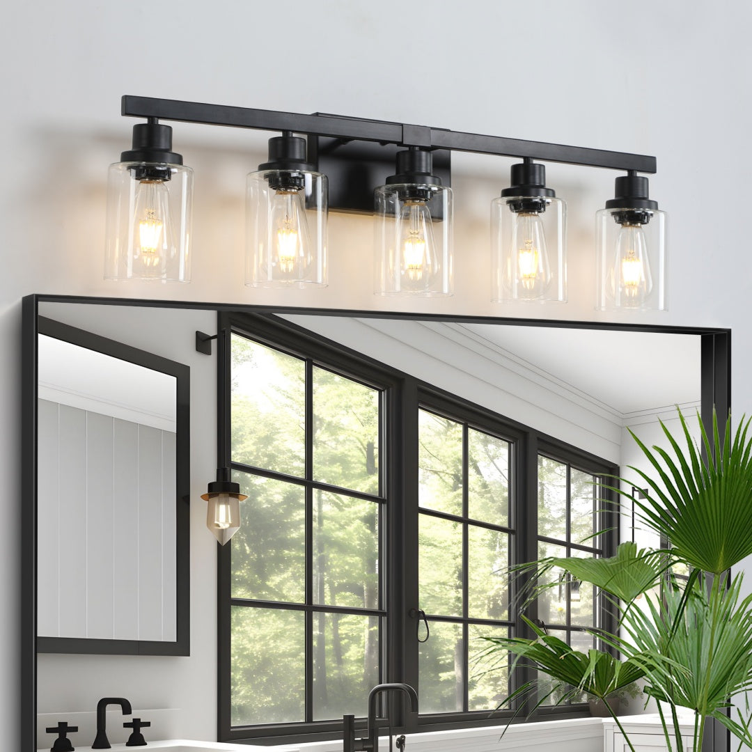 Modern Farmhouse 5-Light Bathroom Vanity Light, Matte Black, 31 in. over Mirror — detail view 3