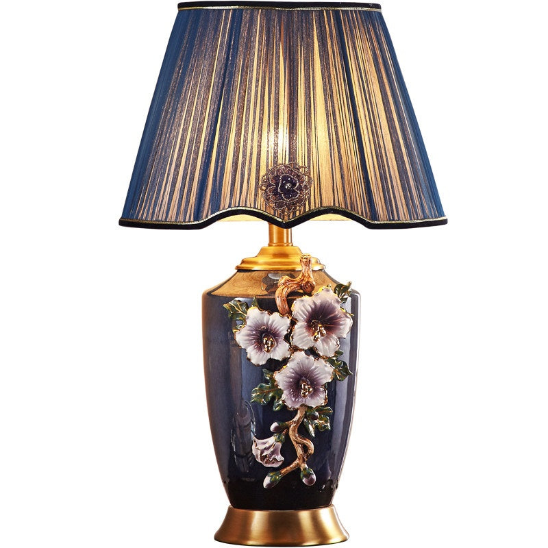 Enamel Ceramic Table Lamp, Floral Relief, Pleated Shade