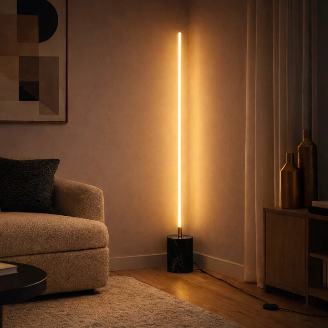 Modern Brass LED Floor Lamp, Faux Marble Base, Gold Finish, On/Off Switch