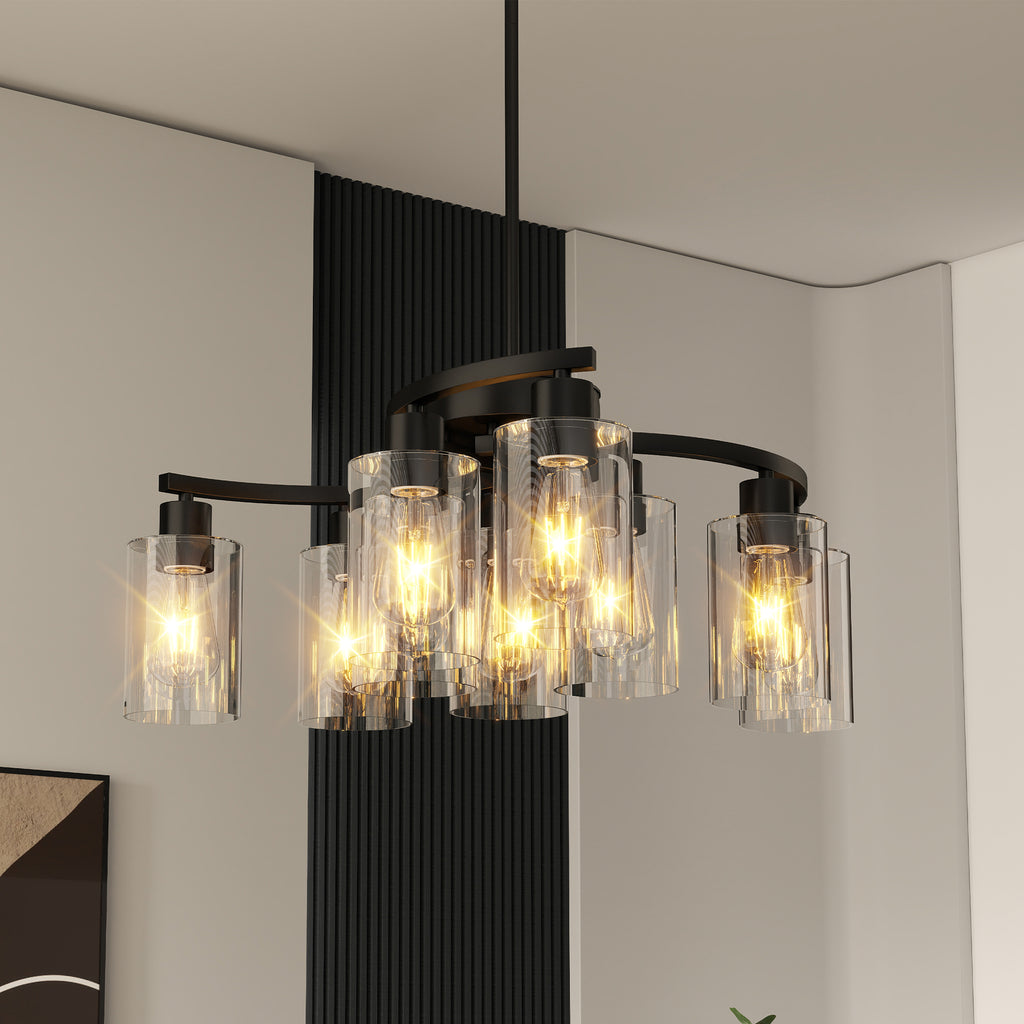 9-Light Black Iron Chandelier with Clear Glass Shades, 30 in