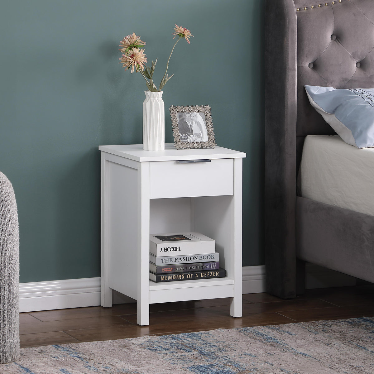 Three-Tier Nightstand with Storage Drawer, Retro White