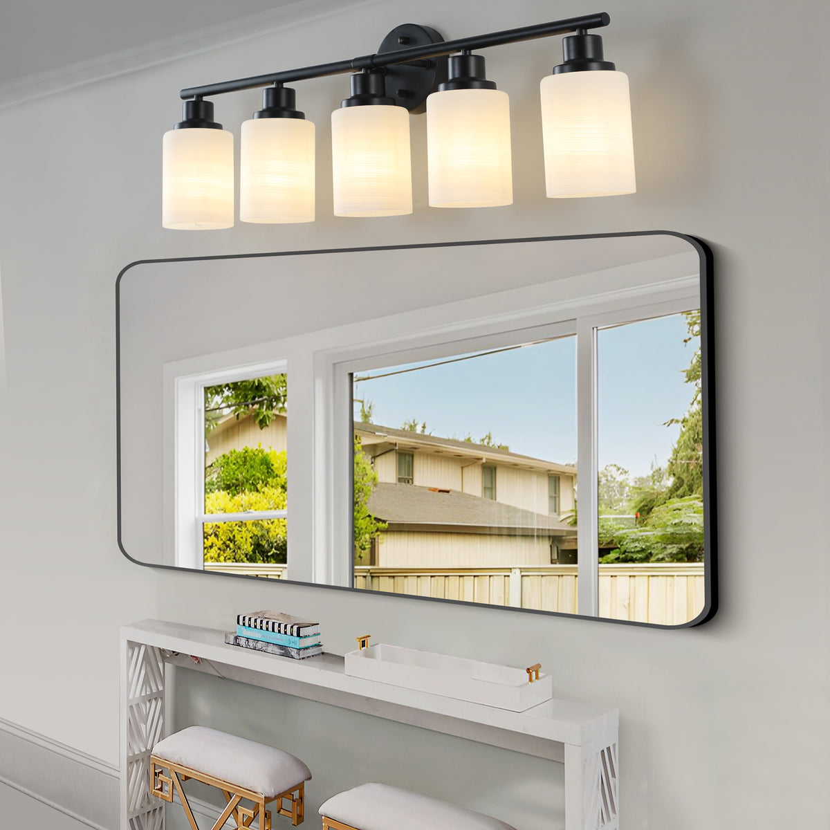 Modern 5-Light Vanity Light Bar, Frosted Glass Shades, Black Iron, 31 in. for Bathroom Mirror — detail view 3