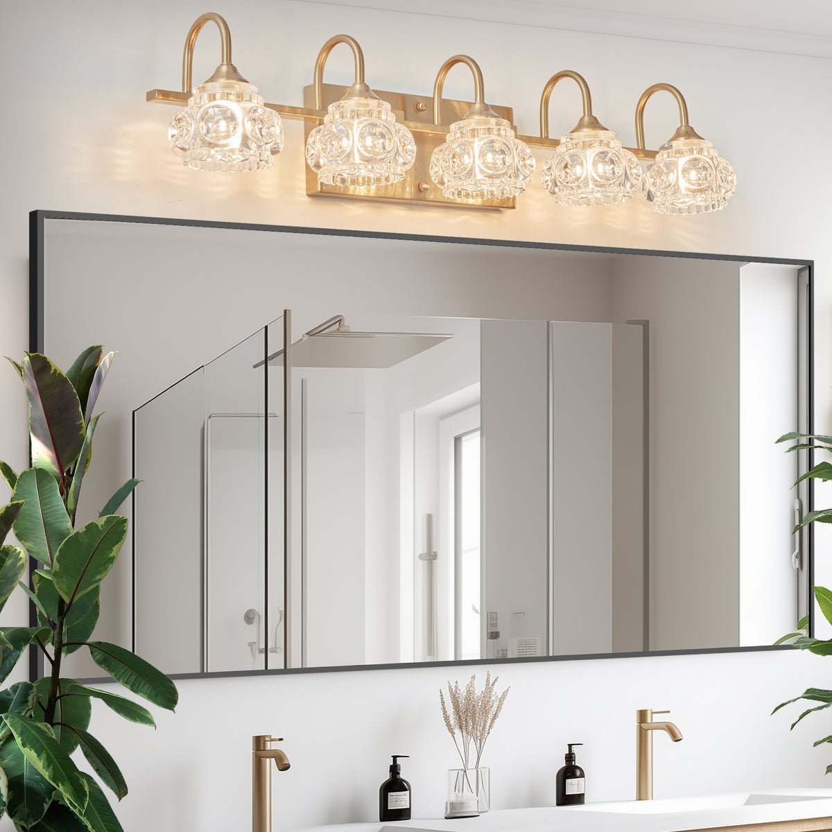 Modern Crystal Bathroom Vanity Light, Clear Crystal Glass Shades, Gold, 29 in., for Bathroom — detail view 4