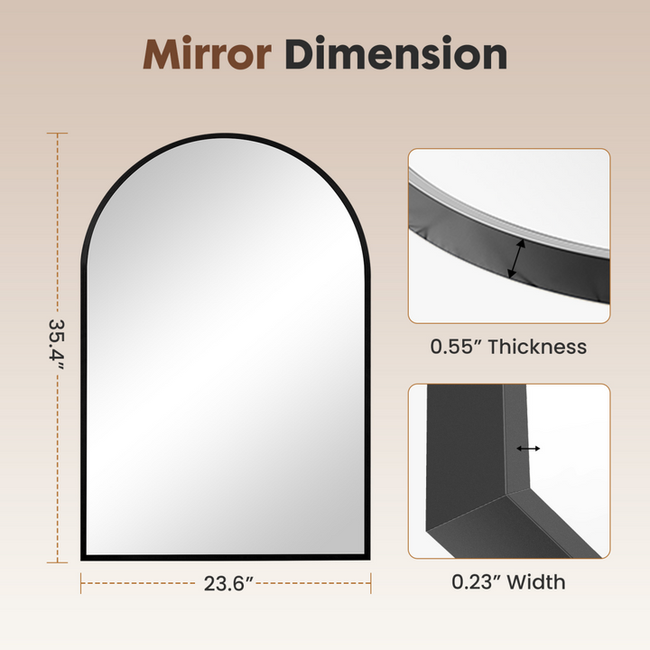 Dimension diagram for Modern Arched Metal-Framed Wall Mirror, Wall-Mounted Vanity Mirror for Bathroom