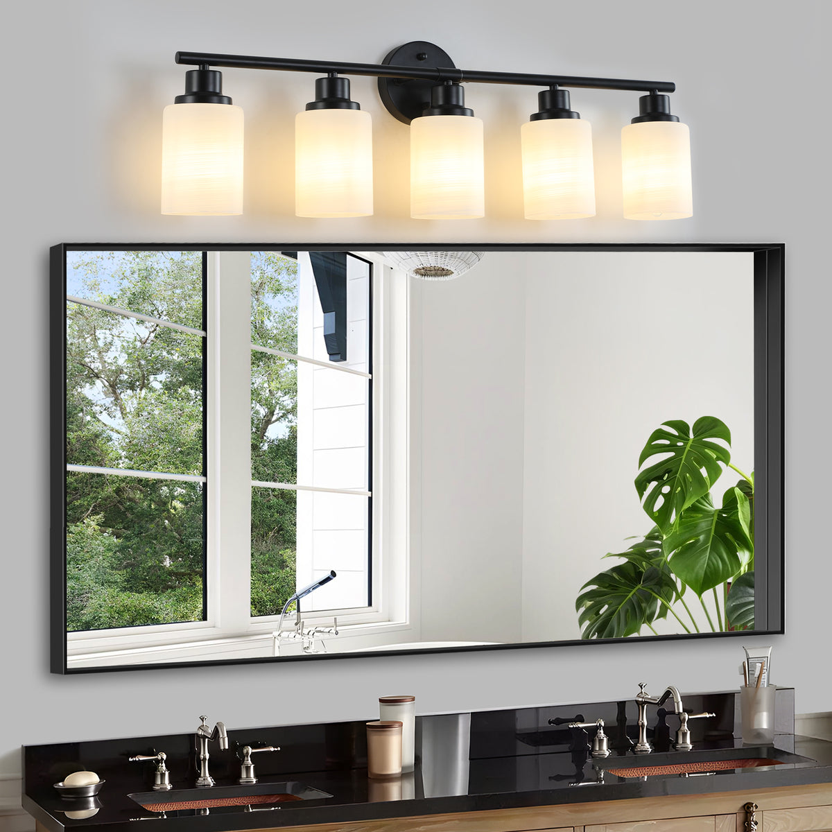 Modern 5-Light Vanity Light Bar, Frosted Glass Shades, Black Iron, 31 in. for Bathroom Mirror — detail view 2