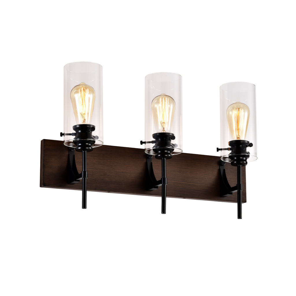 Matte Black & Wood 3-Light Bathroom Vanity Light, Modern Wall Sconce Fixture