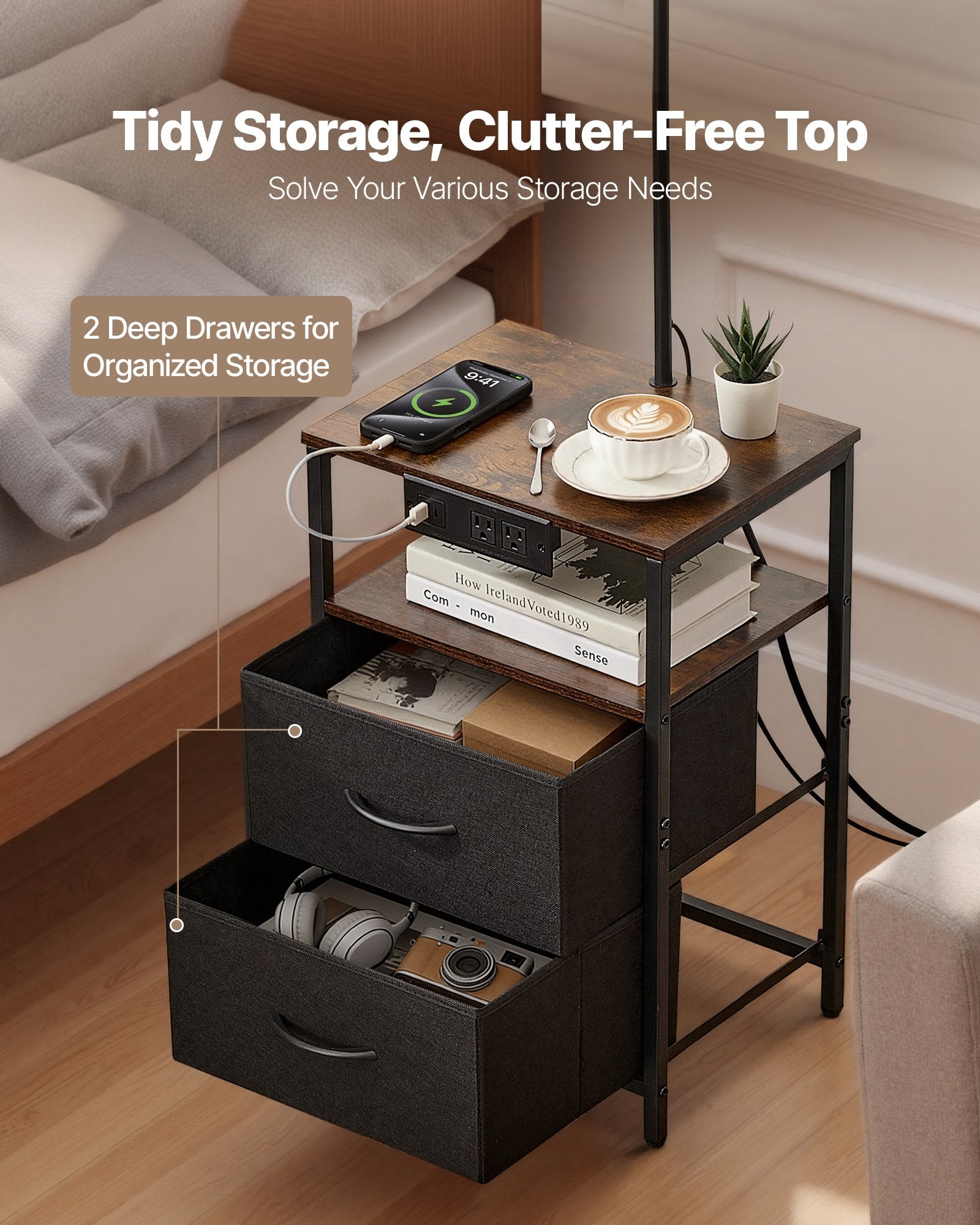 Industrial Metal Floor Lamp with End Table, Built-In Charging, Storage Shelf, Black Finish