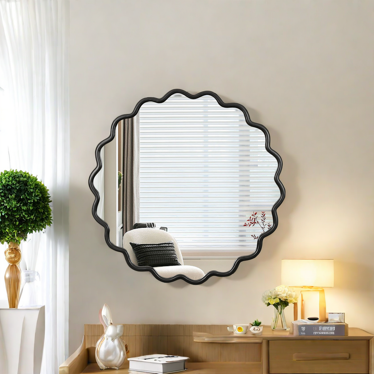 Solid Wood Wavy Wall Mirror, 36 x 36 in. Modern Vanity Decor, Black for Living Room — detail view