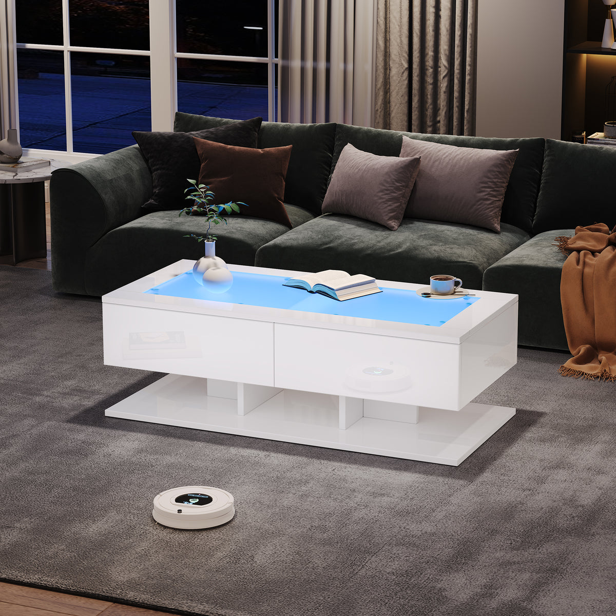 High-Gloss LED Sofa Table with Glass Top, White
