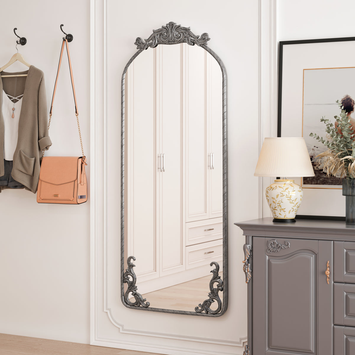 Arched Full-Length Floor Mirror, Vintage Ornate Carved Applique, Antique Silver, 58x24 in., for Bedroom — detail view 4