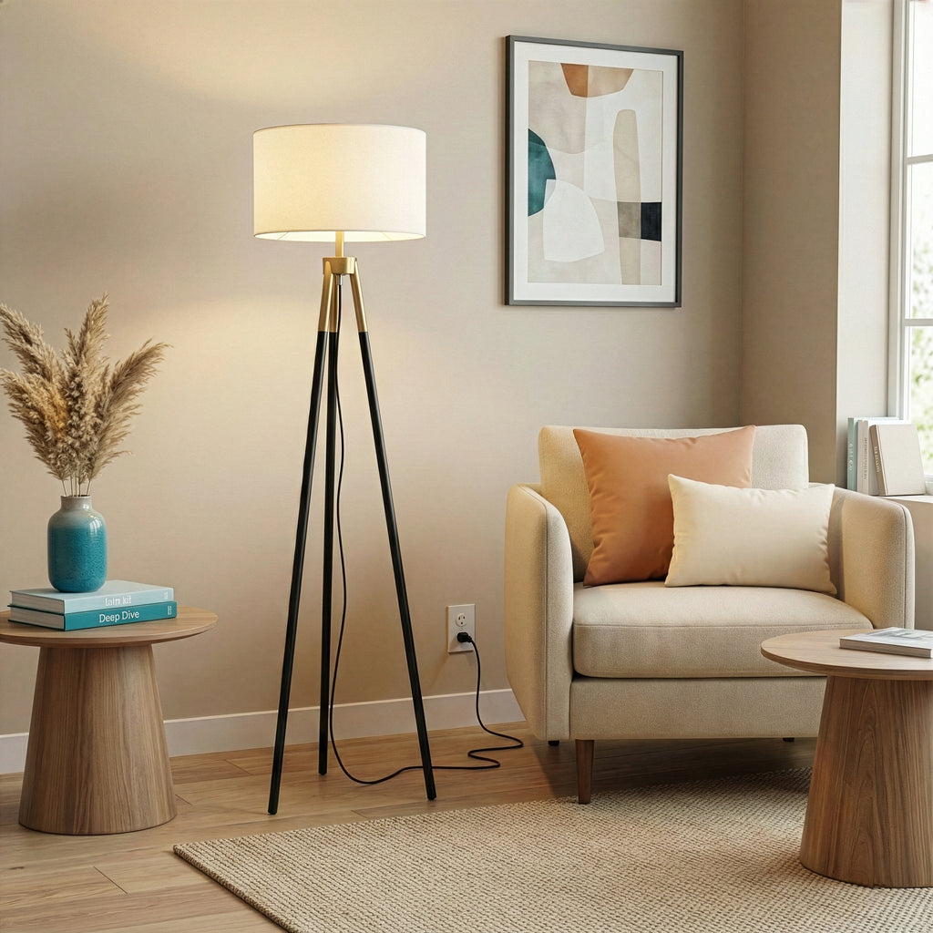 Brass Gold Tripod Floor Lamp, Triple Legs, White Fabric Shade, Black & Gold Finish