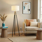 Brass Gold Tripod Floor Lamp, Triple Legs, White Fabric Shade, Black & Gold Finish
