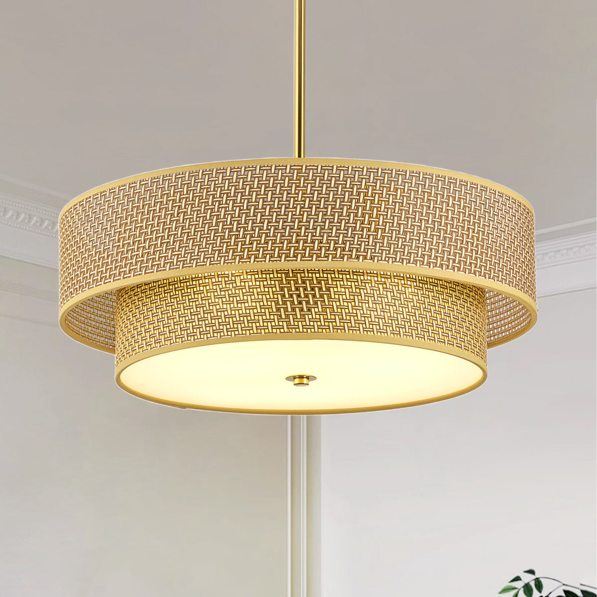 Woven Rattan Semi Flush Mount Ceiling Light, Linen Shade, 17.7 Inch — detail view