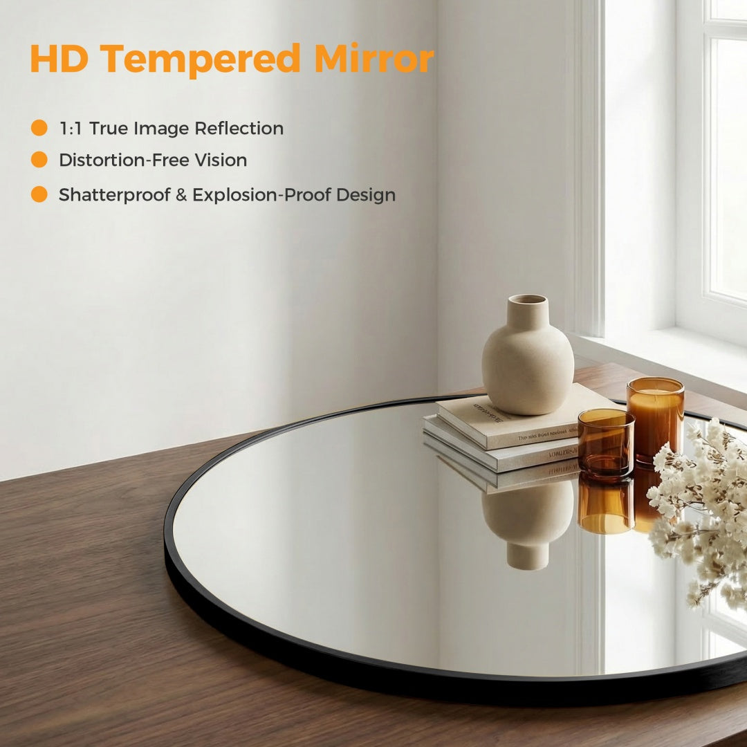 Round Wall Mirror, Slim Metal Frame, Black or Gold, 20 to 28 in. for Bathroom Vanity — detail view